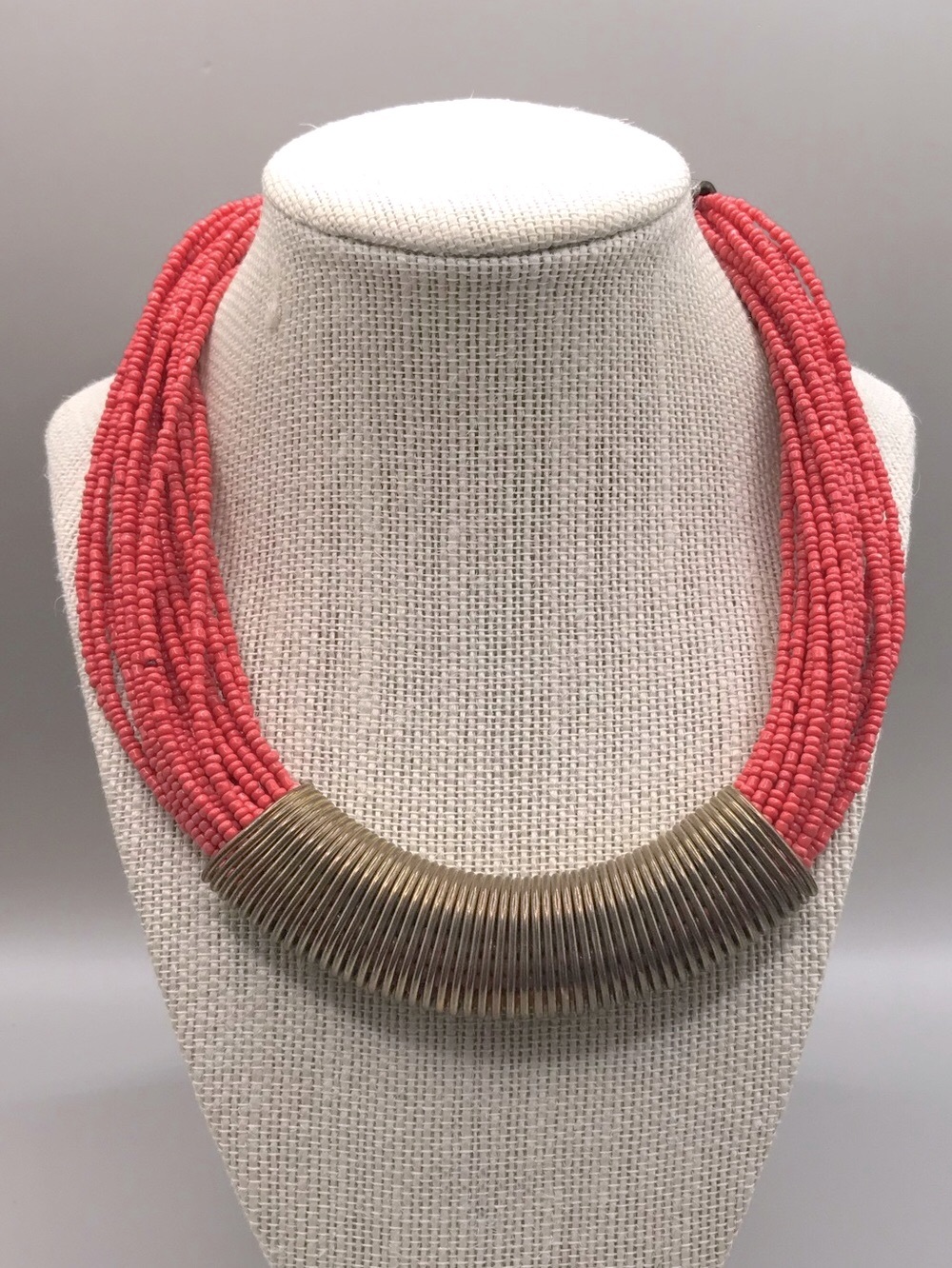 Treska Coral Multi-Strand Bead Necklace with Antique Bronze Coil Tubes
